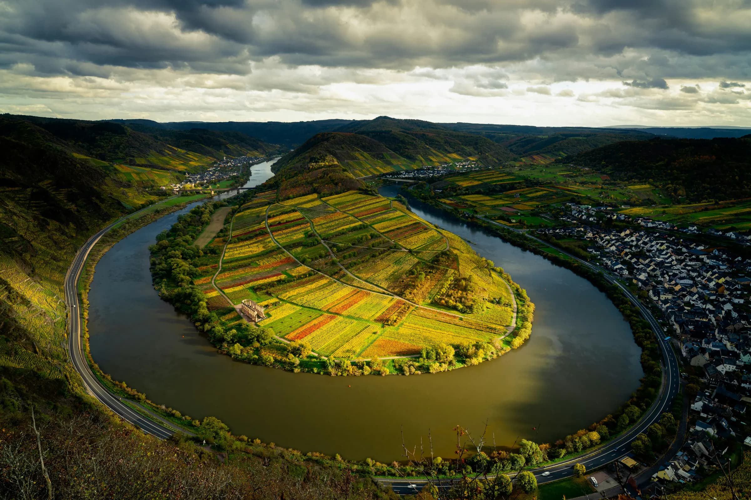 Moselschleife mit herbstlichen Weinbergen auf der Landzunge